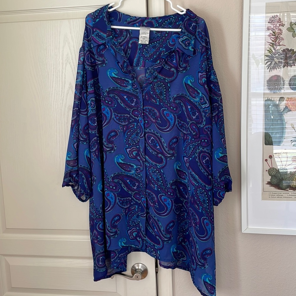 Plus size Roaman’s Paisley Blue and Purple Button-up Tunic Blouse 💙 size 40w